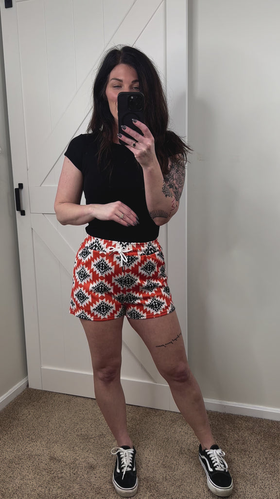 Orange & Black Aztec Drawstring Shorts drawstring shorts The Cinchy Cowgirl (YC)