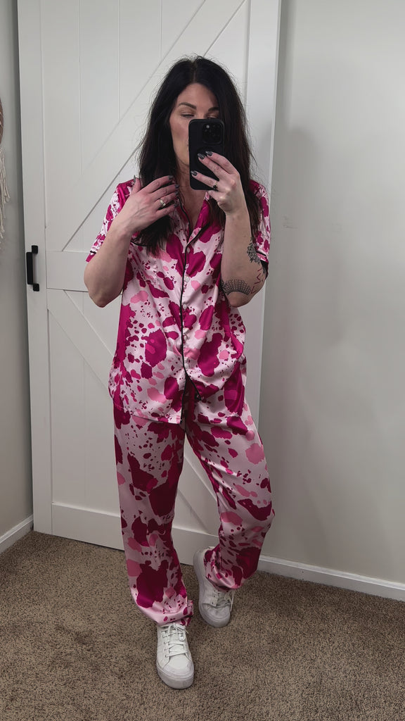 Pink Cowprint Silky Pants Pajamas pajamas The Cinchy Cowgirl (YC)