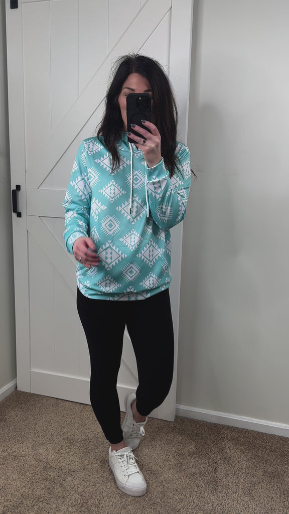 Turquoise & White Aztec Hoodie Women's Pullover Hoodie With Drawstring The Cinchy Cowgirl (YC)