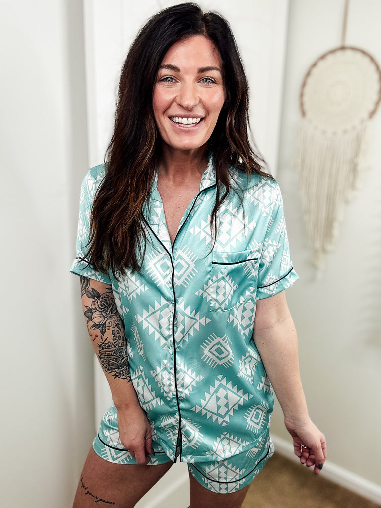 Turquoise & White Aztec Silky Shorts Pajamas silky pajamas - shorts The Cinchy Cowgirl (YC)