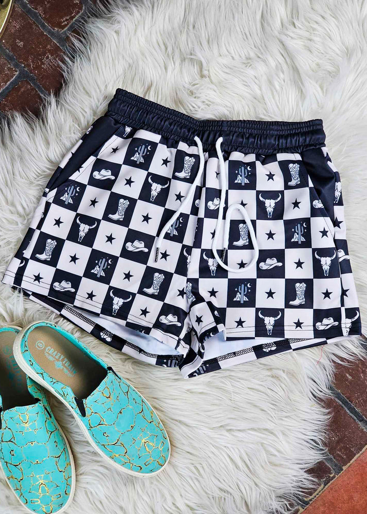 Cream & Black Western Checkered Drawstring Shorts drawstring shorts The Cinchy Cowgirl (YC)   