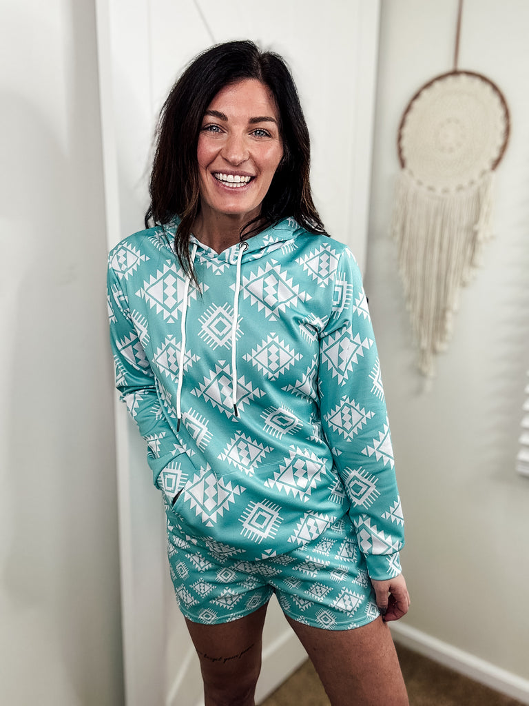 Turquoise & White Aztec Hoodie Women's Pullover Hoodie With Drawstring The Cinchy Cowgirl (YC)