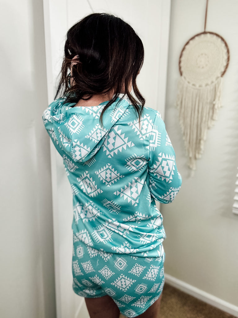 Turquoise & White Aztec Hoodie Women's Pullover Hoodie With Drawstring The Cinchy Cowgirl (YC)