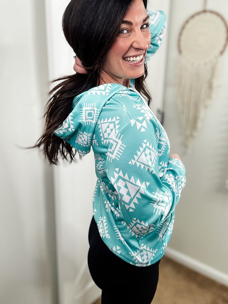 Turquoise & White Aztec Hoodie Women's Pullover Hoodie With Drawstring The Cinchy Cowgirl (YC)