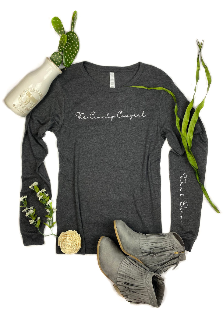 Dark Heather Grey Turn & Burn Long Sleeve Graphic Tee graphic tee long sleeve The Cinchy Cowgirl   