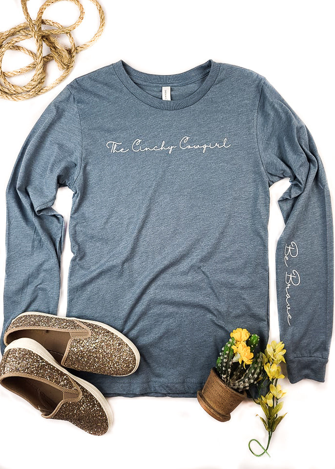 Heather Slate Be Brave Long Sleeve Graphic Tee graphic tee long sleeve The Cinchy Cowgirl   