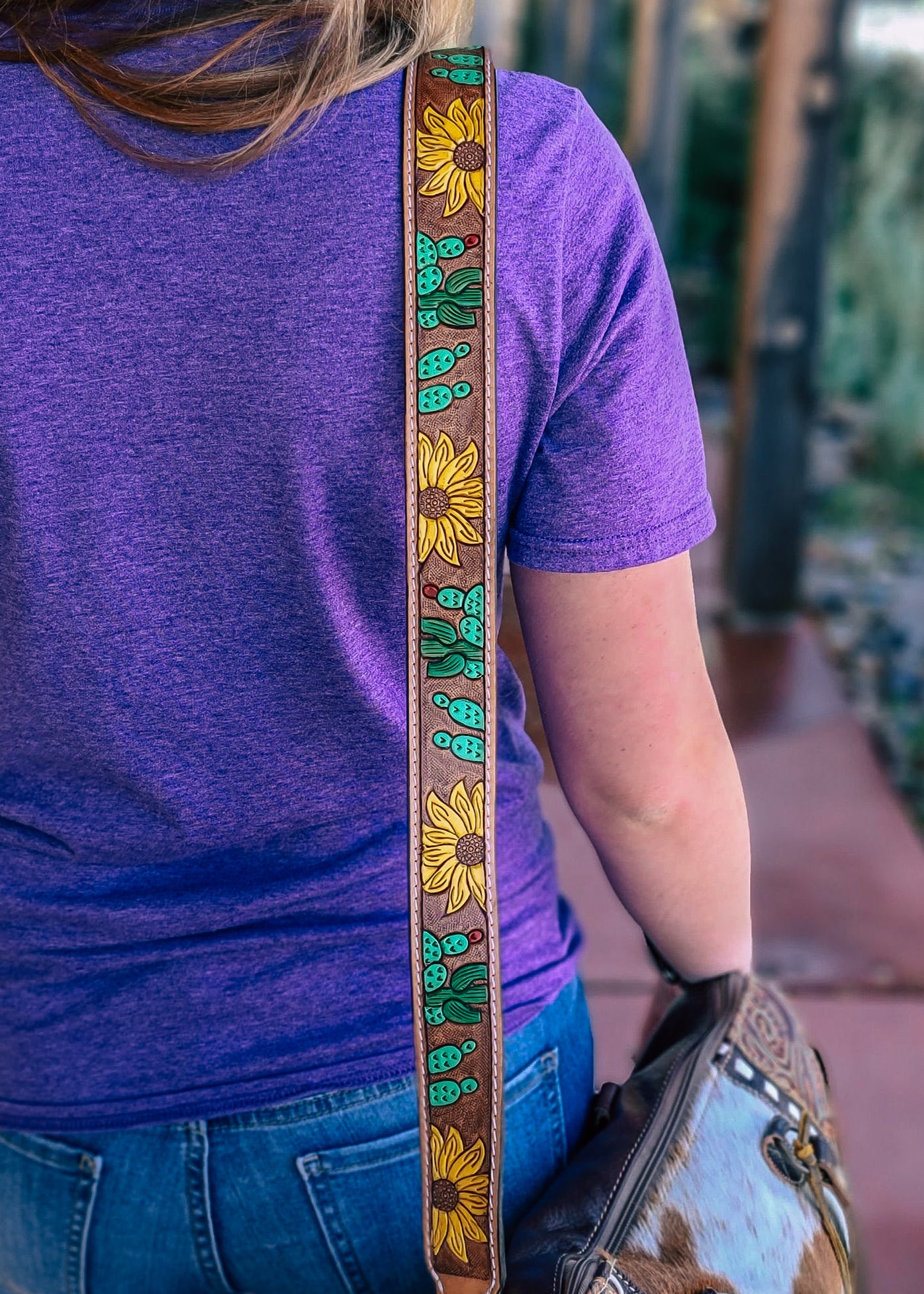 Tooled Sunflower Leather Guitar Strap Floral Guitar Strap 