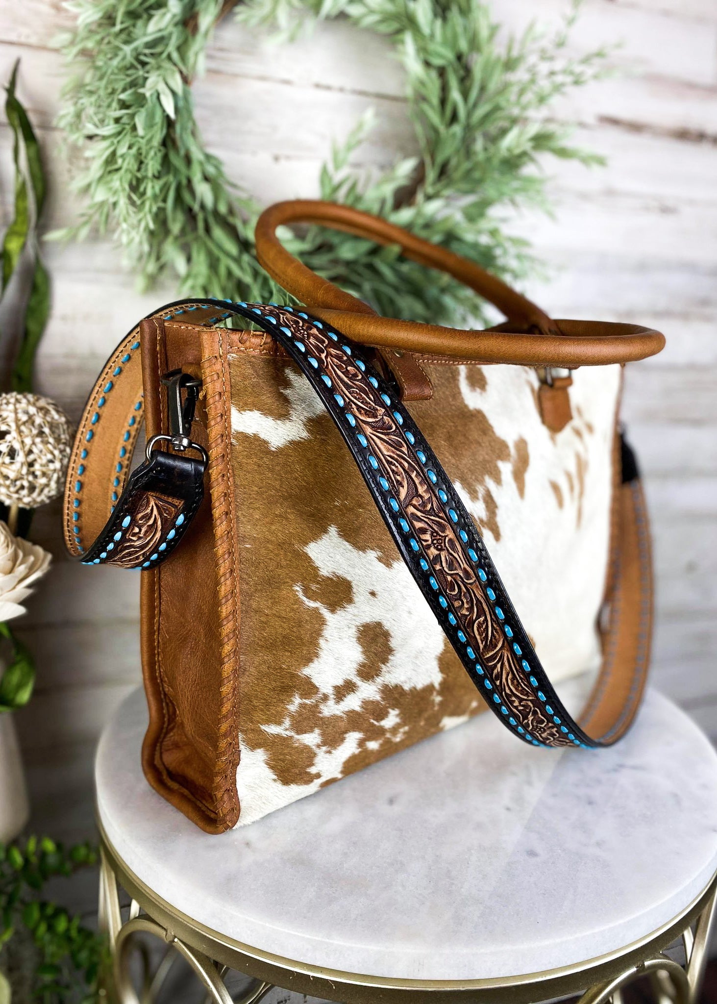 Tooled Leather Buckstitch Purse Strap